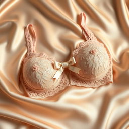 A beautifully designed lace bra displayed elegantly on a soft satin fabric background