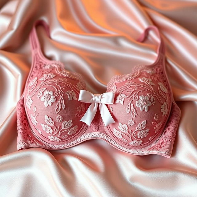 A beautifully designed lace bra displayed elegantly on a soft satin fabric background