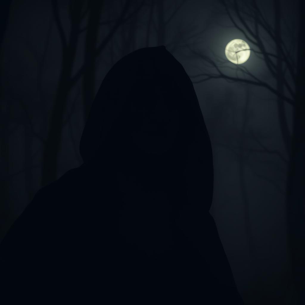 A portrait of a mysterious man shrouded in darkness, his silhouette outlined by a faint light