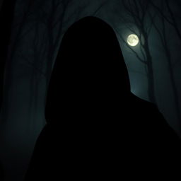 A portrait of a mysterious man shrouded in darkness, his silhouette outlined by a faint light