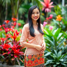 A beautiful Indonesian woman wearing a traditional kebaya, elegantly tailored with intricate lace detail and vibrant colors, paired with a batik skirt featuring traditional patterns