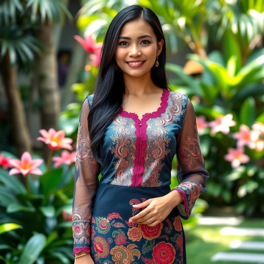 A beautiful Indonesian woman wearing a traditional kebaya, elegantly tailored with intricate lace detail and vibrant colors, paired with a batik skirt featuring traditional patterns