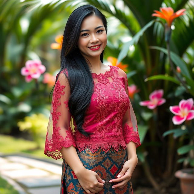 A beautiful Indonesian woman wearing a traditional kebaya, elegantly tailored with intricate lace detail and vibrant colors, paired with a batik skirt featuring traditional patterns