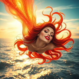A beautiful redhead princess with vibrant red lips, gracefully falling from the sky towards a sparkling sea