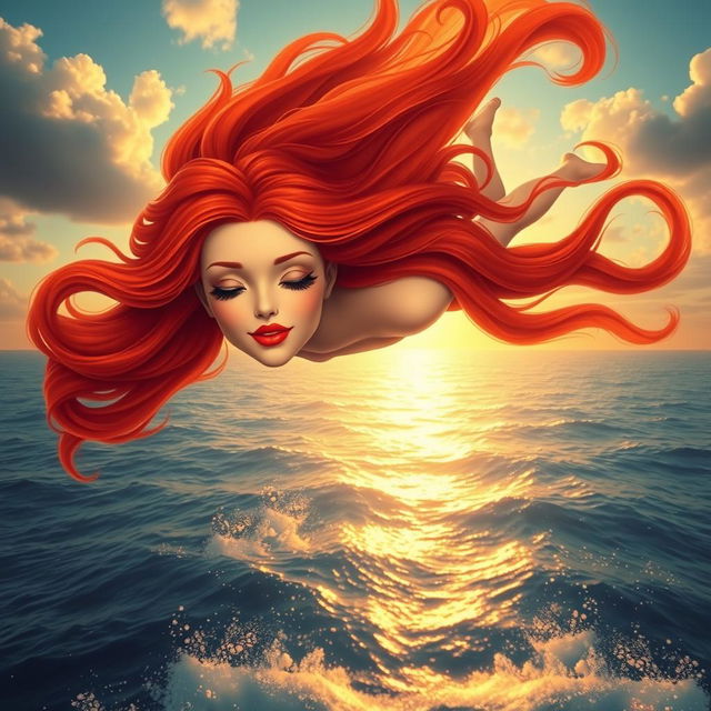 A beautiful redhead princess with vibrant red lips, gracefully falling from the sky towards a sparkling sea