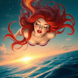 A beautiful redhead princess with vibrant red lips, gracefully falling from the sky towards a sparkling sea