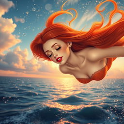 A beautiful redhead princess with vibrant red lips, gracefully falling from the sky towards a sparkling sea