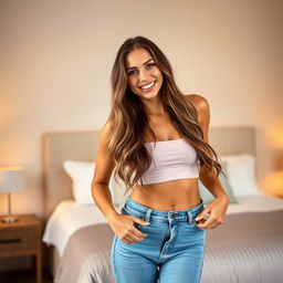 A woman in a stylish, modern bedroom setting, playfully taking off her jeans
