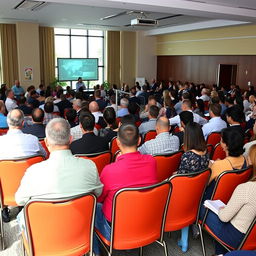 A seminar room filled with people attentively seated on chairs, engaging in a presentation