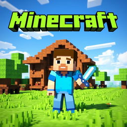 A digitally created image featuring the iconic character "Steve" from Minecraft, standing in a vibrant blocky landscape with green grass, blue skies, and pixelated trees