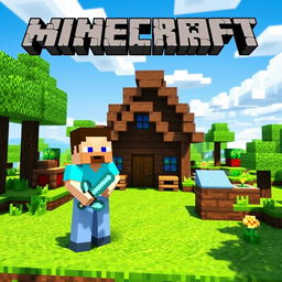 A digitally created image featuring the iconic character "Steve" from Minecraft, standing in a vibrant blocky landscape with green grass, blue skies, and pixelated trees