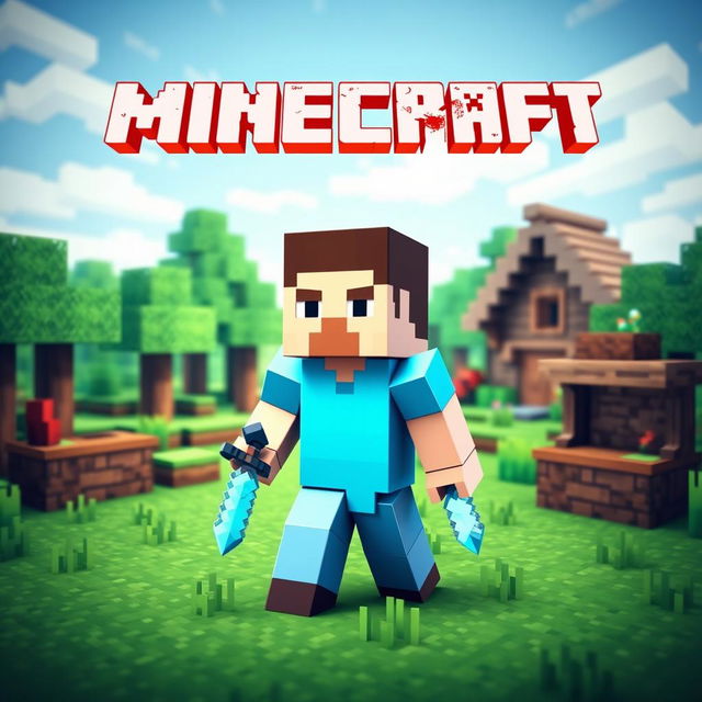 A digitally created image featuring the iconic character "Steve" from Minecraft, standing in a vibrant blocky landscape with green grass, blue skies, and pixelated trees