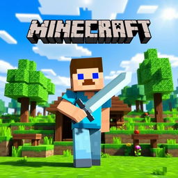 A digitally created image featuring the iconic character "Steve" from Minecraft, standing in a vibrant blocky landscape with green grass, blue skies, and pixelated trees