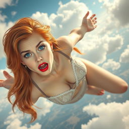 A sexy redhead with striking blue eyes and bold red lips wearing alluring lingerie is falling gracefully from the sky
