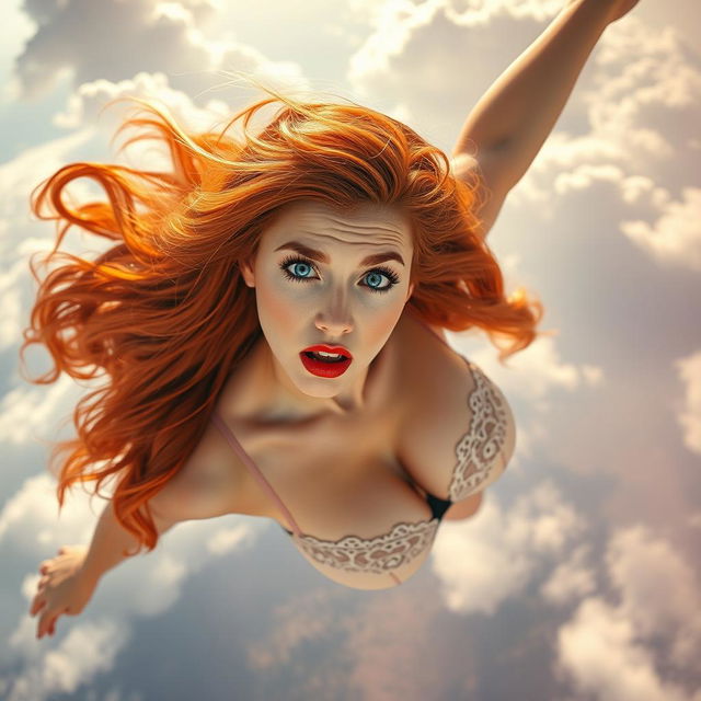 A sexy redhead with striking blue eyes and bold red lips wearing alluring lingerie is falling gracefully from the sky
