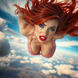 A sexy redhead with striking blue eyes and bold red lips wearing alluring lingerie is falling gracefully from the sky
