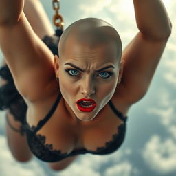 A sexy bald woman with striking blue eyes and bold red lips, wearing elegant lingerie, is dramatically falling from the sky