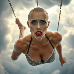 A sexy bald woman with striking blue eyes and bold red lips, wearing elegant lingerie, is dramatically falling from the sky