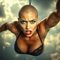 A sexy bald woman with striking blue eyes and bold red lips, wearing elegant lingerie, is dramatically falling from the sky