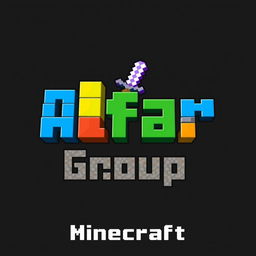 A creative logo design for the "Alfar Group" featuring a Minecraft theme