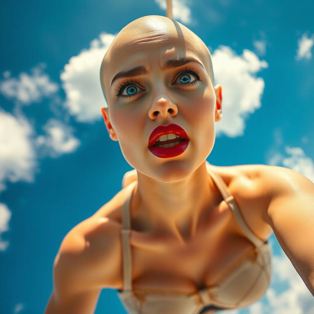 A sexy bald woman with striking blue eyes and vivid red lips, wearing elegant lingerie, is gracefully plummeting from a bright blue sky