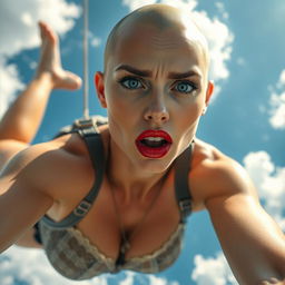 A sexy bald woman with striking blue eyes and vivid red lips, wearing elegant lingerie, is gracefully plummeting from a bright blue sky