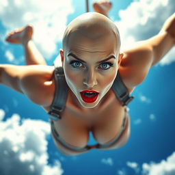 A sexy bald woman with striking blue eyes and vivid red lips, wearing elegant lingerie, is gracefully plummeting from a bright blue sky