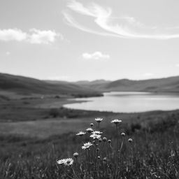 A stunning black and white image featuring a serene landscape, with soft rolling hills and a calm lake reflecting the sky
