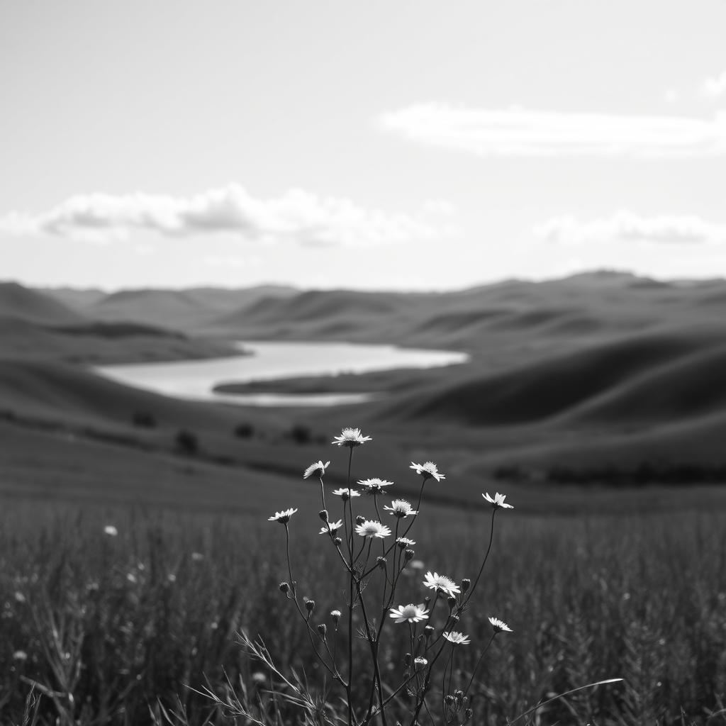 A stunning black and white image featuring a serene landscape, with soft rolling hills and a calm lake reflecting the sky