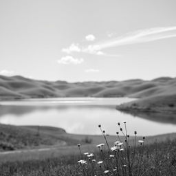 A stunning black and white image featuring a serene landscape, with soft rolling hills and a calm lake reflecting the sky