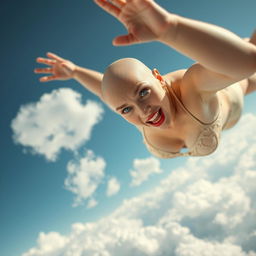A sexy bald woman with striking blue eyes and luscious red lips, wearing delicate lingerie, is falling from the sky