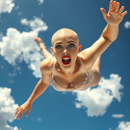 A sexy bald woman with striking blue eyes and luscious red lips, wearing delicate lingerie, is falling from the sky