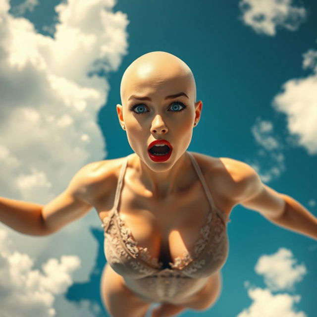A sexy bald woman with striking blue eyes and luscious red lips, wearing delicate lingerie, is falling from the sky