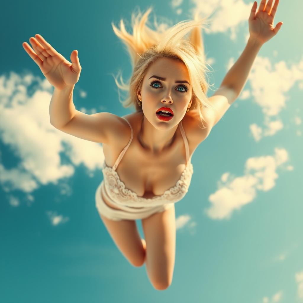 A sexy blonde woman with striking blue eyes and bold red lips, clad in delicate lingerie, is gracefully falling from the bright blue sky