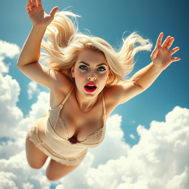 A sexy blonde woman with striking blue eyes and bold red lips, clad in delicate lingerie, is gracefully falling from the bright blue sky