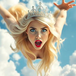 A beautiful sexy blonde princess with a sparkling tiara, captivating blue eyes, and vivid red lips, dramatically falling from the sky