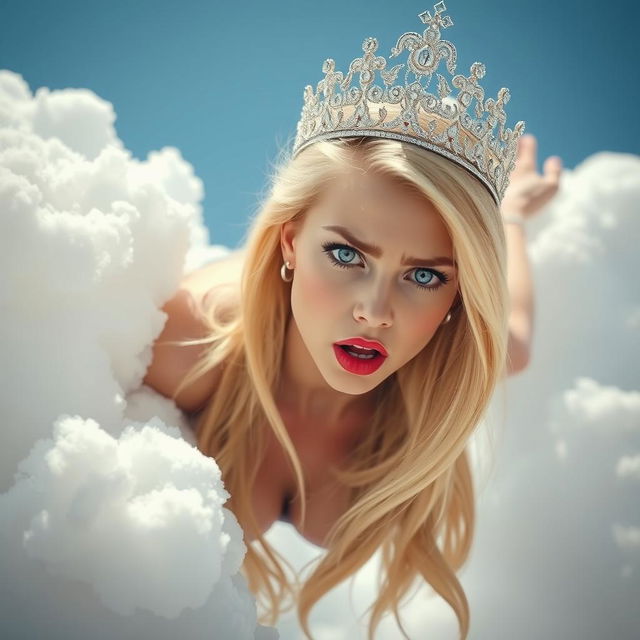 A beautiful sexy blonde princess with a sparkling tiara, captivating blue eyes, and vivid red lips, dramatically falling from the sky