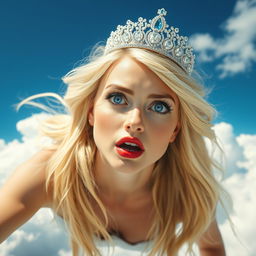 A beautiful sexy blonde princess with a sparkling tiara, captivating blue eyes, and vivid red lips, dramatically falling from the sky