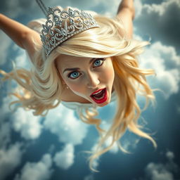 A sexy blonde princess with a sparkling tiara, stunning blue eyes, wearing soft pink eyeshadow, and vibrant red lips, is dramatically falling from the sky