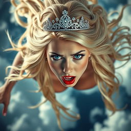 A sexy blonde princess with a sparkling tiara, stunning blue eyes, wearing soft pink eyeshadow, and vibrant red lips, is dramatically falling from the sky