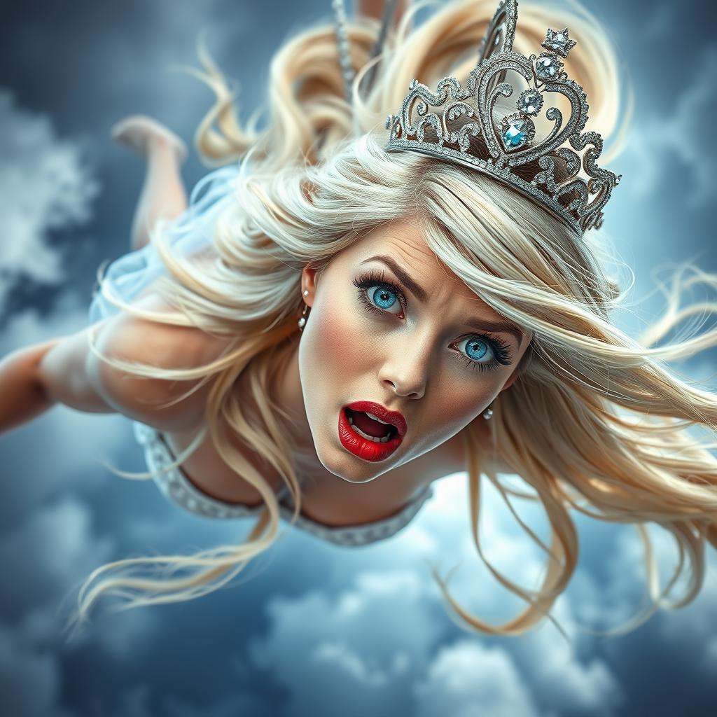 A sexy blonde princess with a sparkling tiara, stunning blue eyes, wearing soft pink eyeshadow, and vibrant red lips, is dramatically falling from the sky