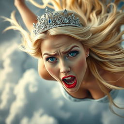 A sexy blonde princess with a sparkling tiara, stunning blue eyes, wearing soft pink eyeshadow, and vibrant red lips, is dramatically falling from the sky