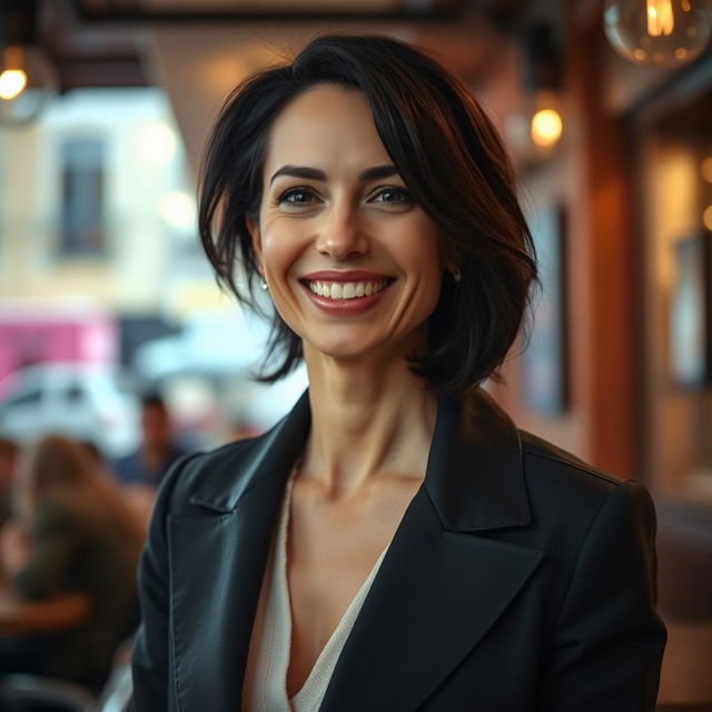A 39-year-old woman with dark hair and Italian features, fully dressed in elegant clothes that showcase her style and confidence