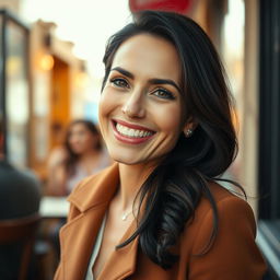 A 39-year-old woman with dark hair and Italian features, fully dressed in elegant clothes that showcase her style and confidence