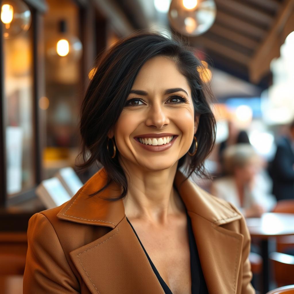 A 39-year-old woman with dark hair and Italian features, fully dressed in elegant clothes that showcase her style and confidence