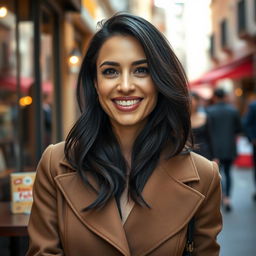 A 39-year-old woman with dark hair and Italian features, fully dressed in elegant clothes that showcase her style and confidence
