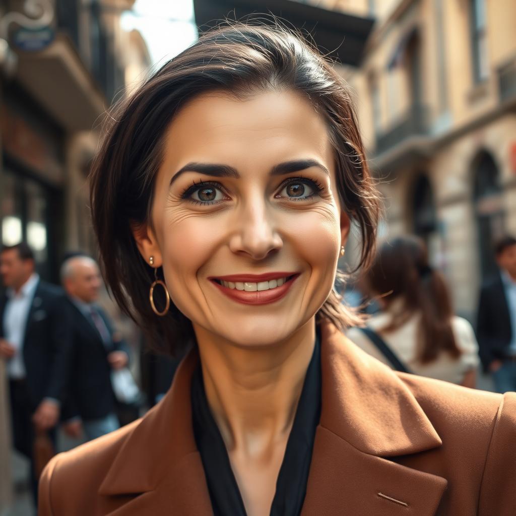 A 39-year-old woman with dark hair and distinctly Italian features, fully dressed in stylish and sophisticated attire