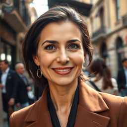 A 39-year-old woman with dark hair and distinctly Italian features, fully dressed in stylish and sophisticated attire