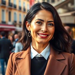 A 39-year-old woman with dark hair and distinctly Italian features, fully dressed in stylish and sophisticated attire