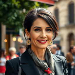 A 39-year-old woman with dark hair and distinctly Italian features, fully dressed in stylish and sophisticated attire